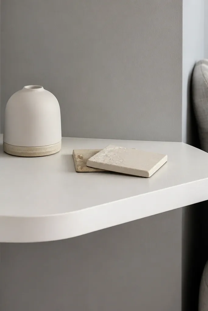 White rounded front corner shelf with a few tile coasters and neutral decor
