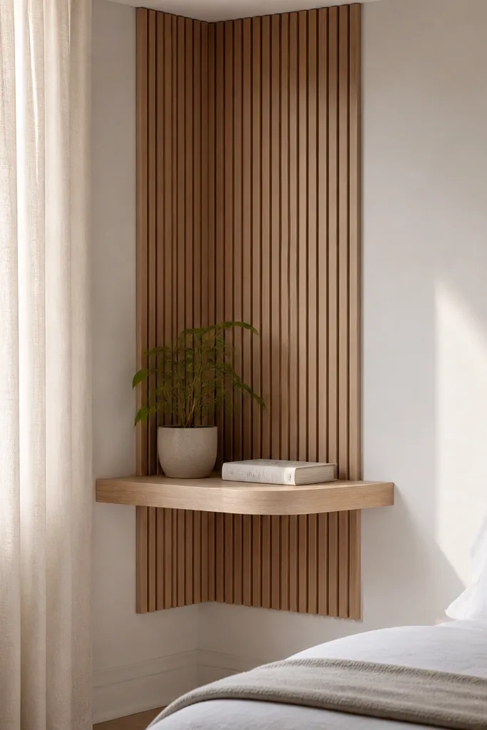 Corner floating shelf with vertical wood slats behind and a plant and books on top