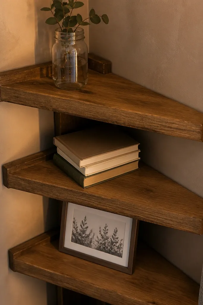 Rustic corner floating shelf with a ladder frame hidden behind and farmhouse decor