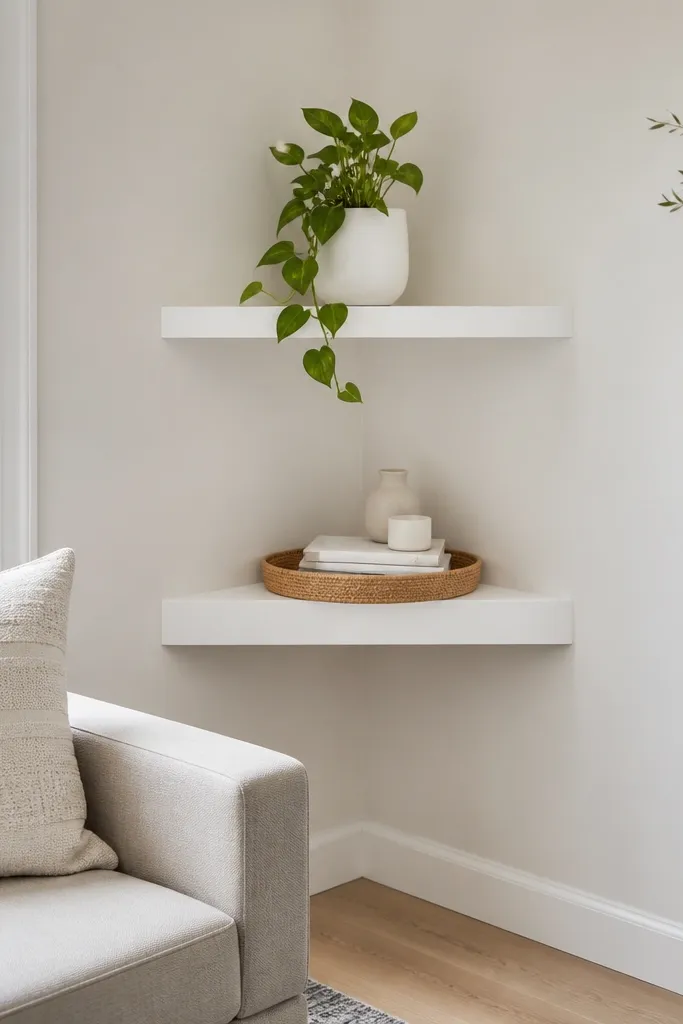 Two matching monochrome corner floating shelves with neutral decor and a small clock