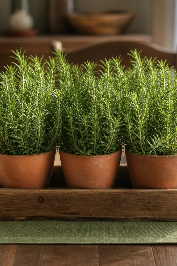 Low tray with terracotta pots and rosemary sprigs on a neutral runner