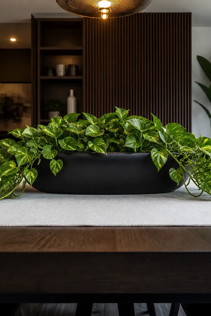 Black tray with pothos trailing over the edges and a few small black pots