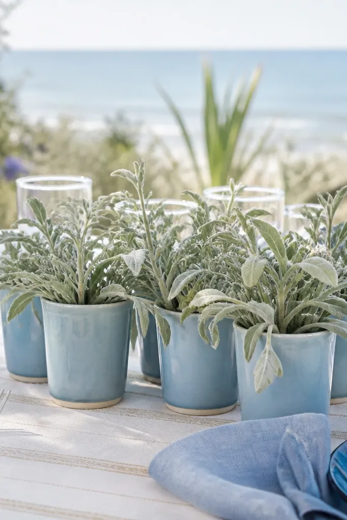 Cream runner with blue accents, small silvery plants in light pots