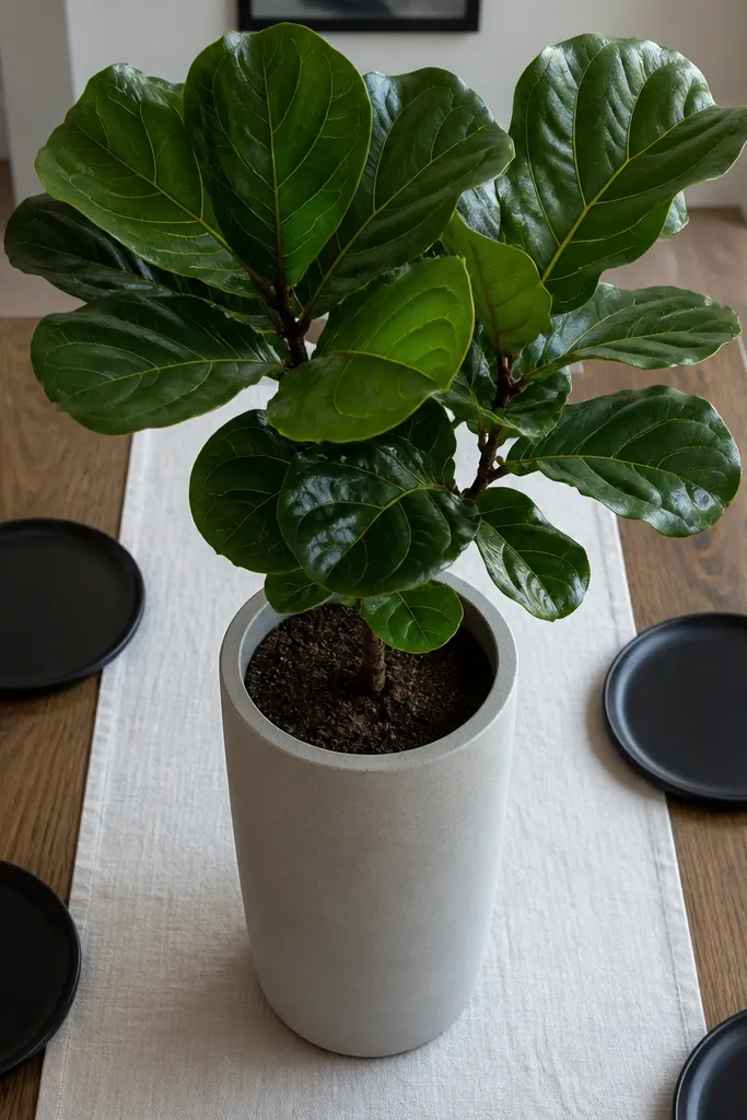 White linen runner with a tall fiddle-leaf fig in a neutral pot