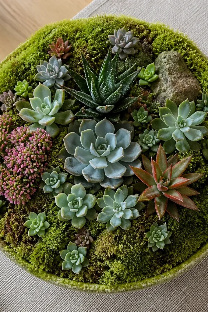 Shallow bowl filled with moss and tiny succulents on a table