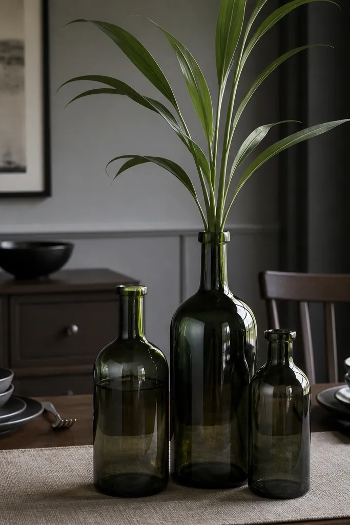 Clear glass bottles with green stems on a dark table runner