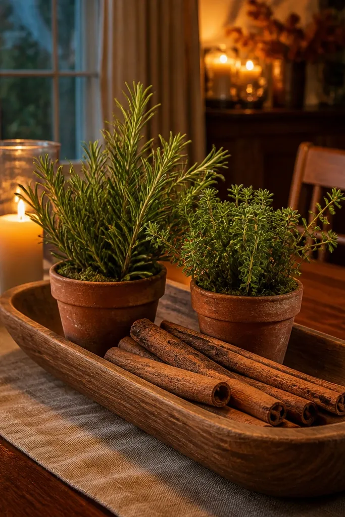 Wood tray with herb pots, cinnamon sticks, and small greenery