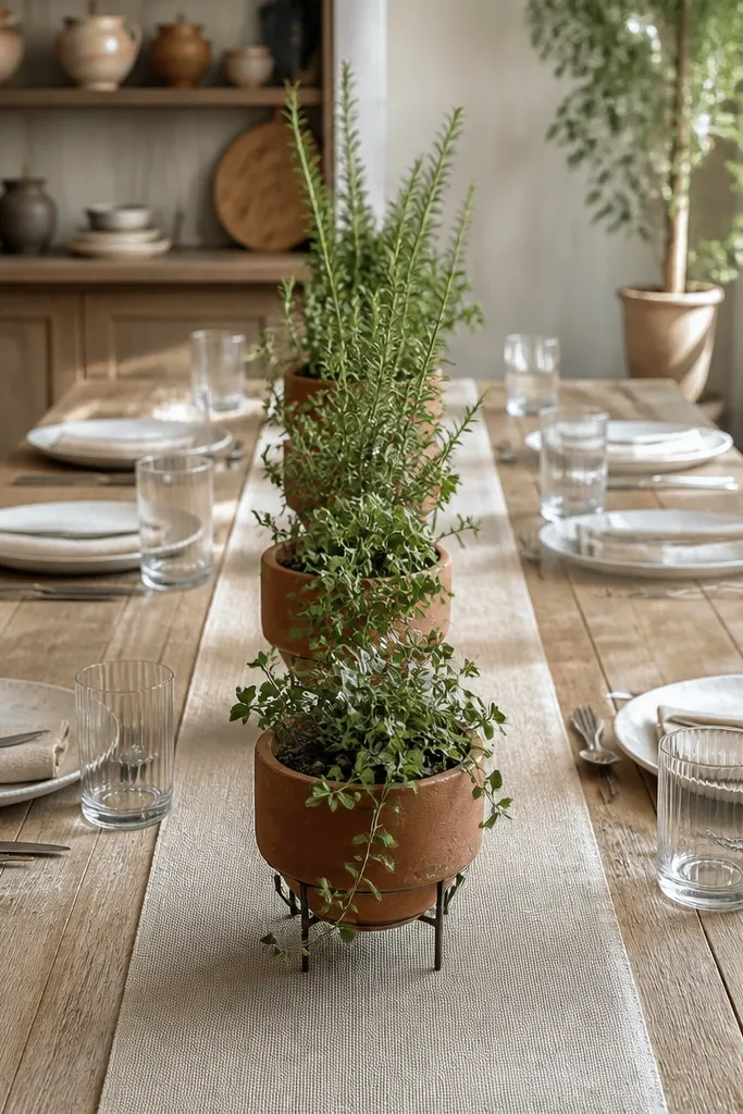 Two terracotta planters flanking a line of greenery on a tray
