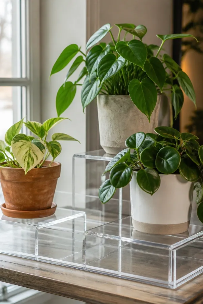 Plants on clear risers with a small tray base and layered heights