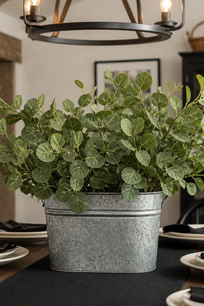 Galvanized planter with green stems and cream accents on a table