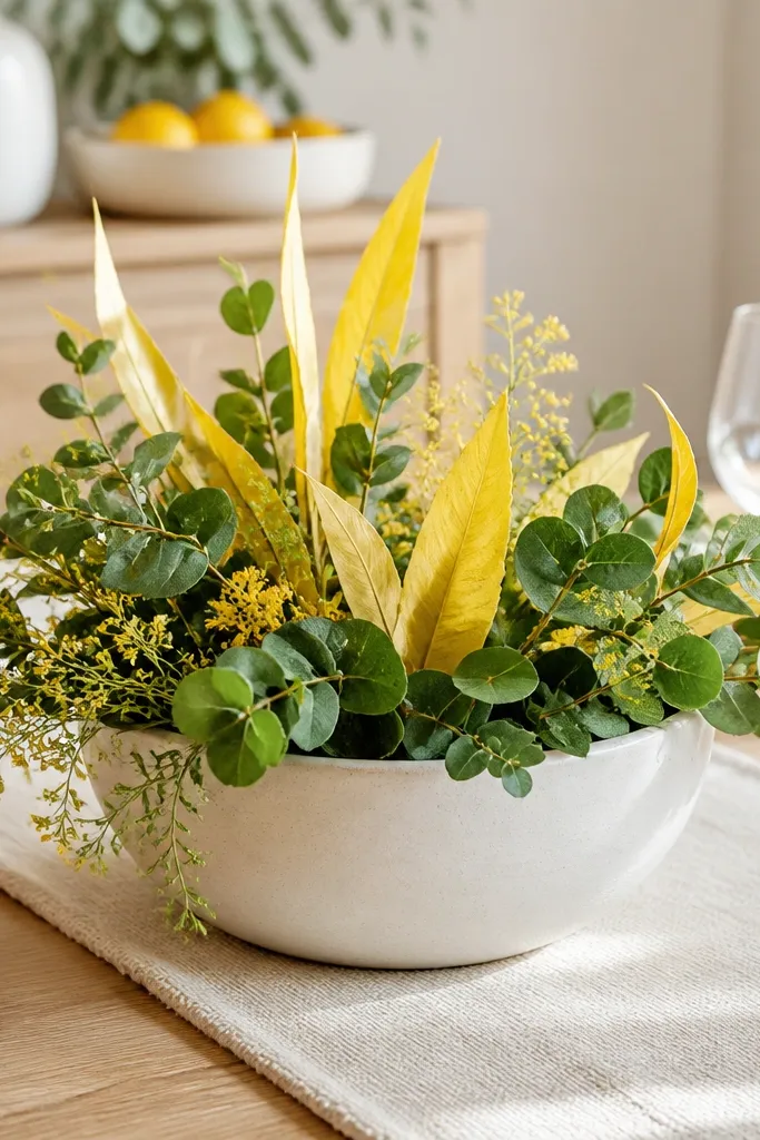 Tray with lemon-colored picks, green leaves, and small pots