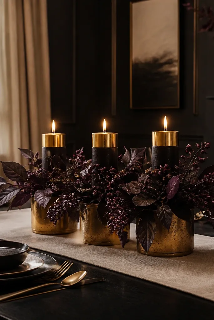 Dark purple foliage in pots with a tray and gold candle holders