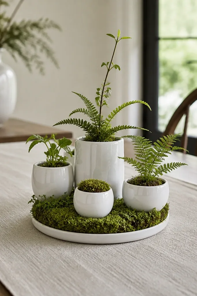Three white pots on a tray with a small moss dish in the center