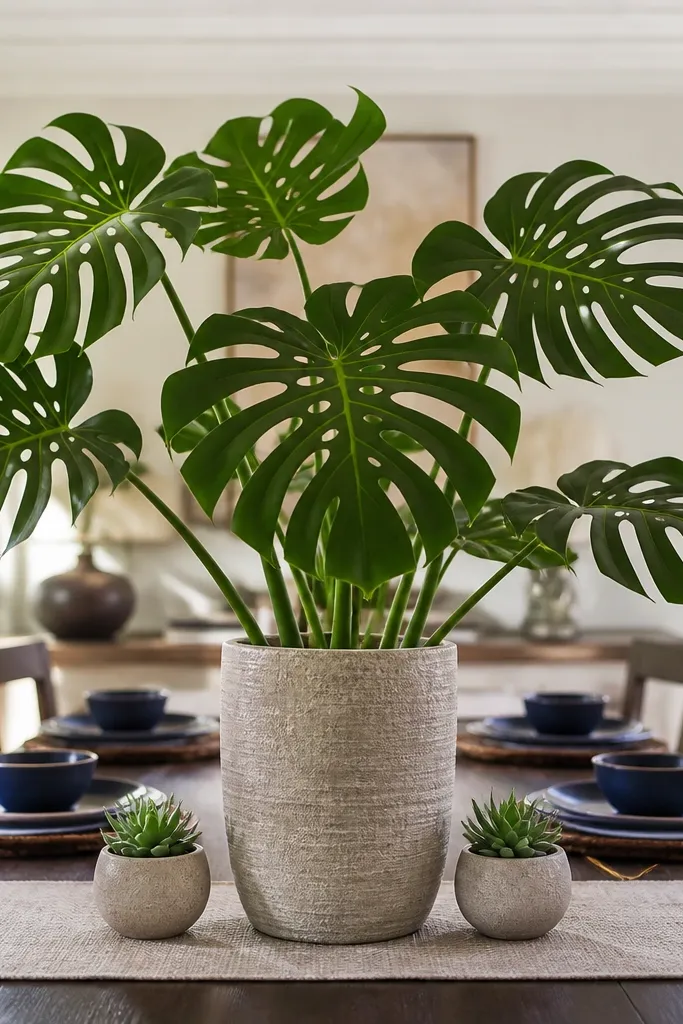 Monstera leaves fanned out over a tray with two small potted plants