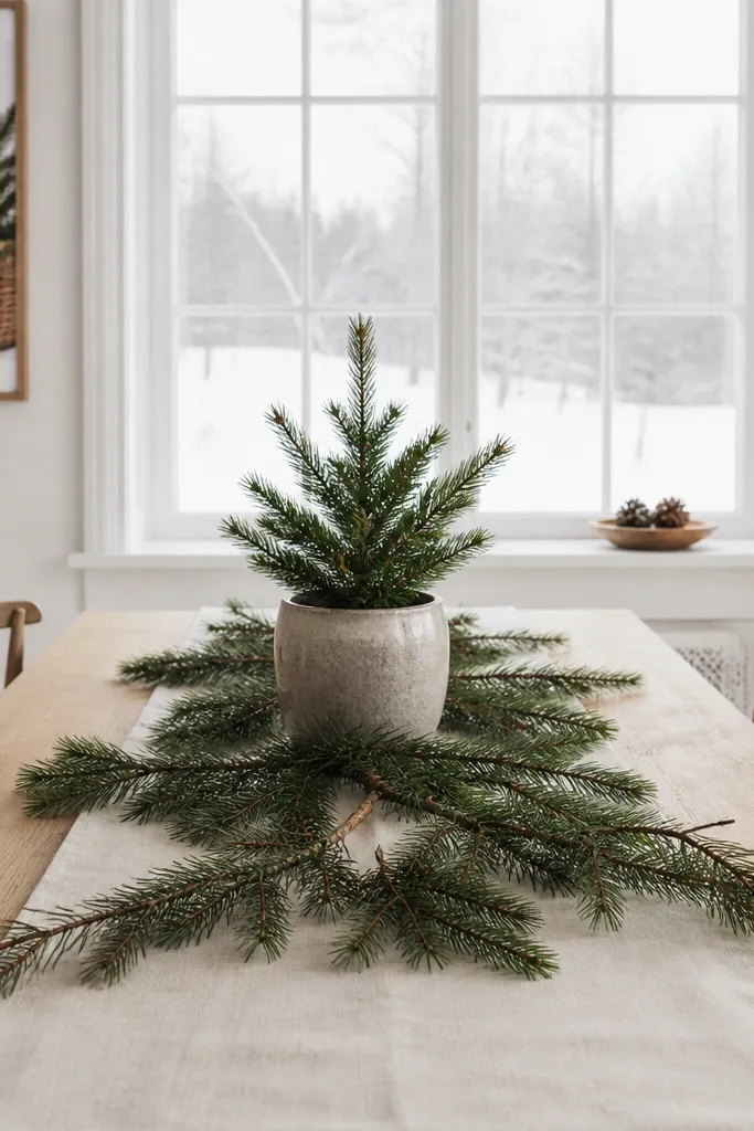 Tray with pine branches and one evergreen plant in a simple pot