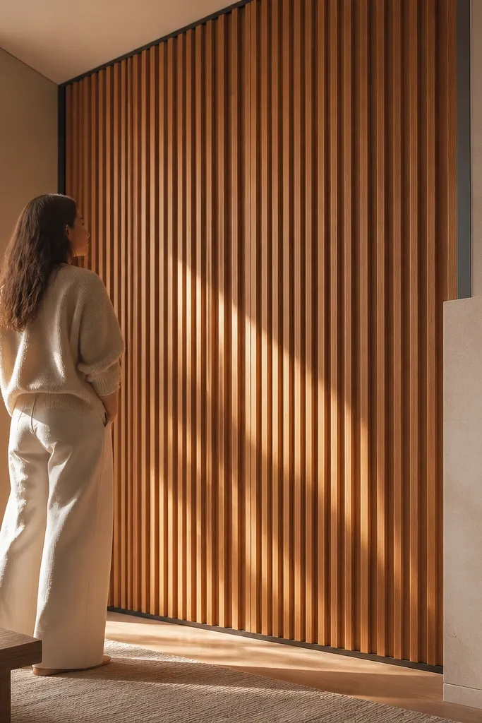 White wall with evenly spaced vertical wood slats and a thin dark shadow gap.
