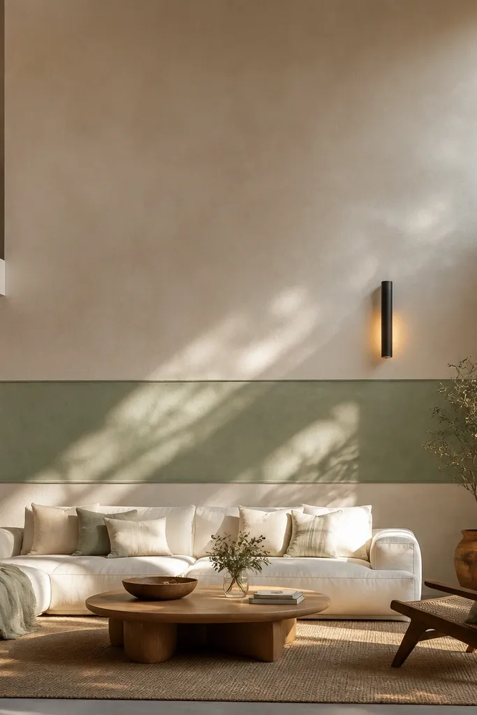 Plastery limewash wall with a lighter band framed by darker paint.