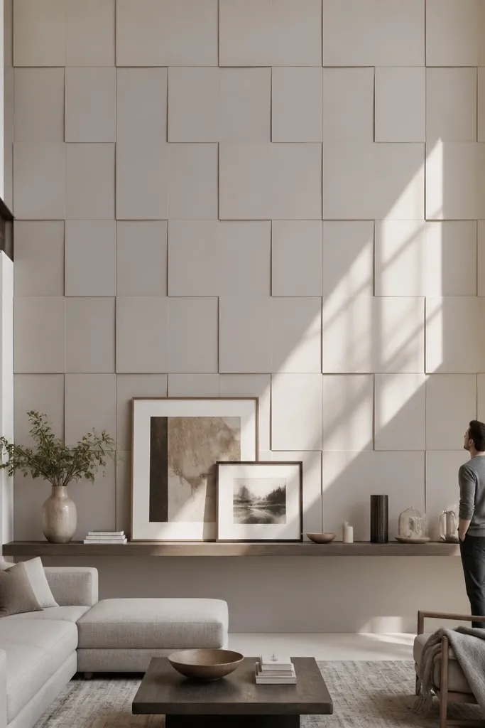 Wall covered in a neat grid of raised square panels with thin dark lines.