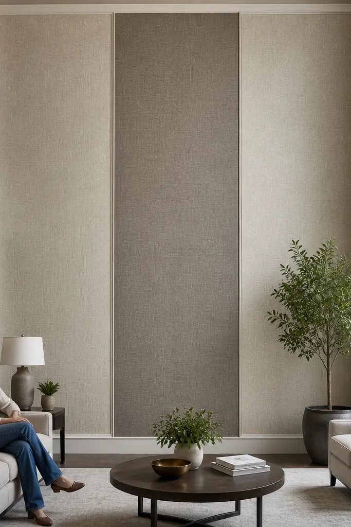 Wallpaper accent wall with a vertical central spine and framed borders at top and bottom.