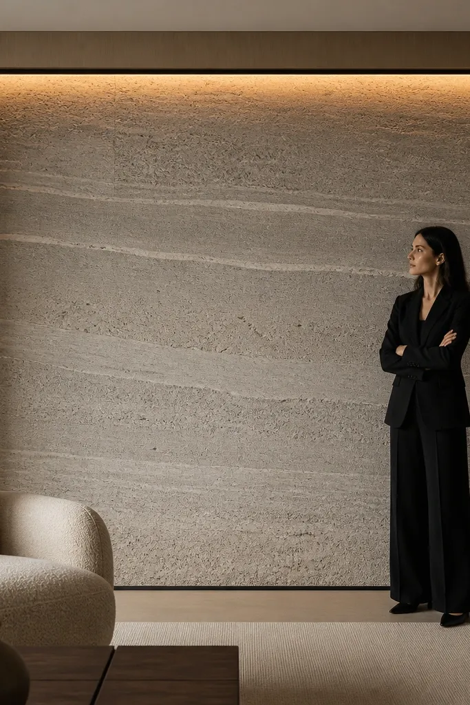 Microcement-style stone texture wall with a clean border framing the texture.