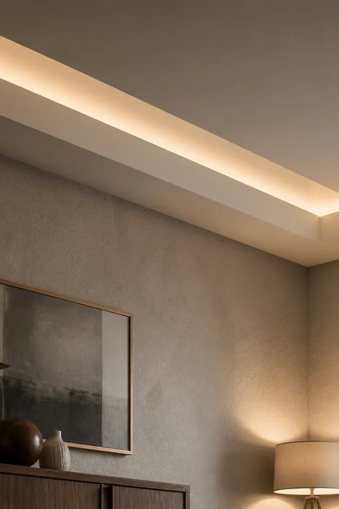 Living room false ceiling with a perimeter cove and warm LED glow along the edge.