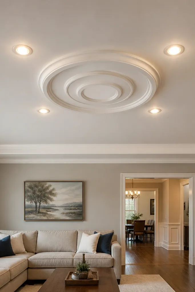 False ceiling center medallion with four recessed lights around it in a neat cross layout.