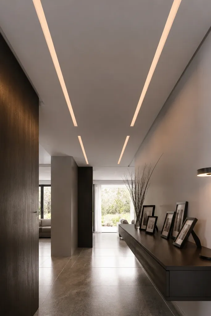 False ceiling with straight recessed light slots running parallel above a living room wall.