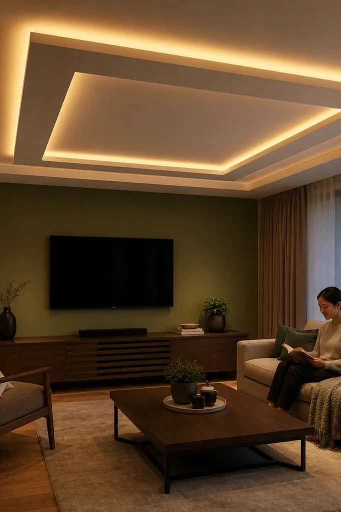 Tiered rectangular false ceiling frames with layered edges and soft LED lighting between levels.