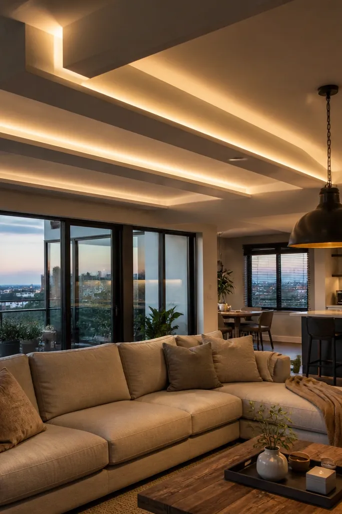 False ceiling with rectangular beams that look suspended, lit from the sides with hidden LEDs.