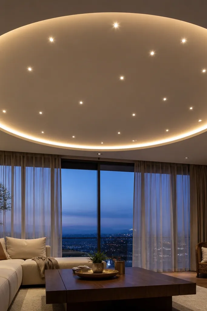 False ceiling with a subtle halo border and scattered star-like light points in the center area.