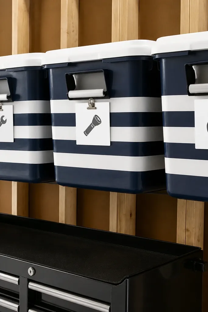 Navy-and-white striped bins lined up with matching label cards on a garage wall