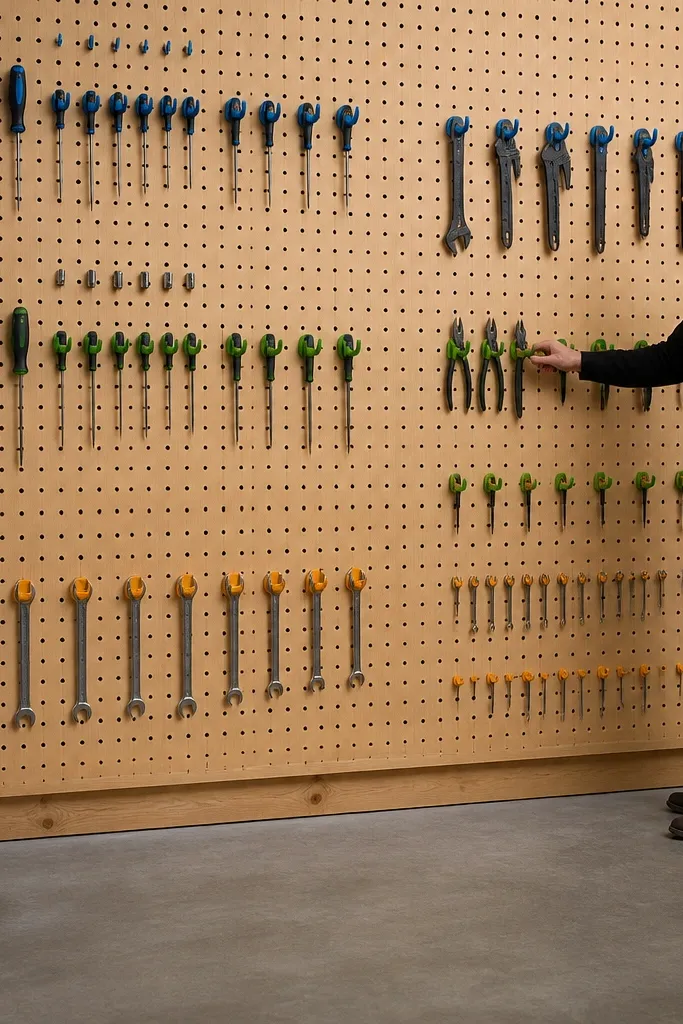 White pegboard with tools hung in rows and small colored hook heads