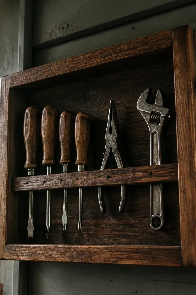 Warm wood shadow box with hand tools arranged in neat outlines and labels