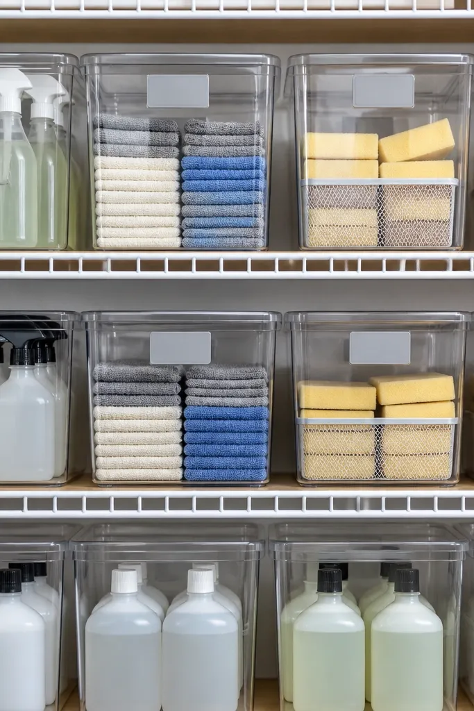 Two-tier shelf with clear-lid bins for car wash supplies and matching labels