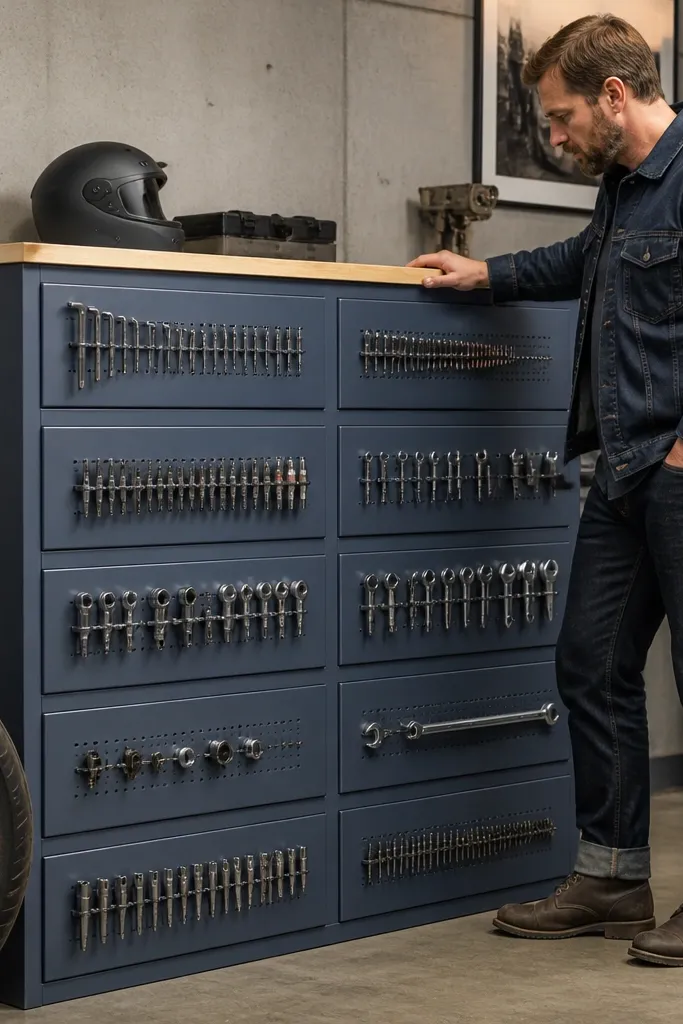 Wall of small drawers with magnetic strips holding metal tools and neat labels