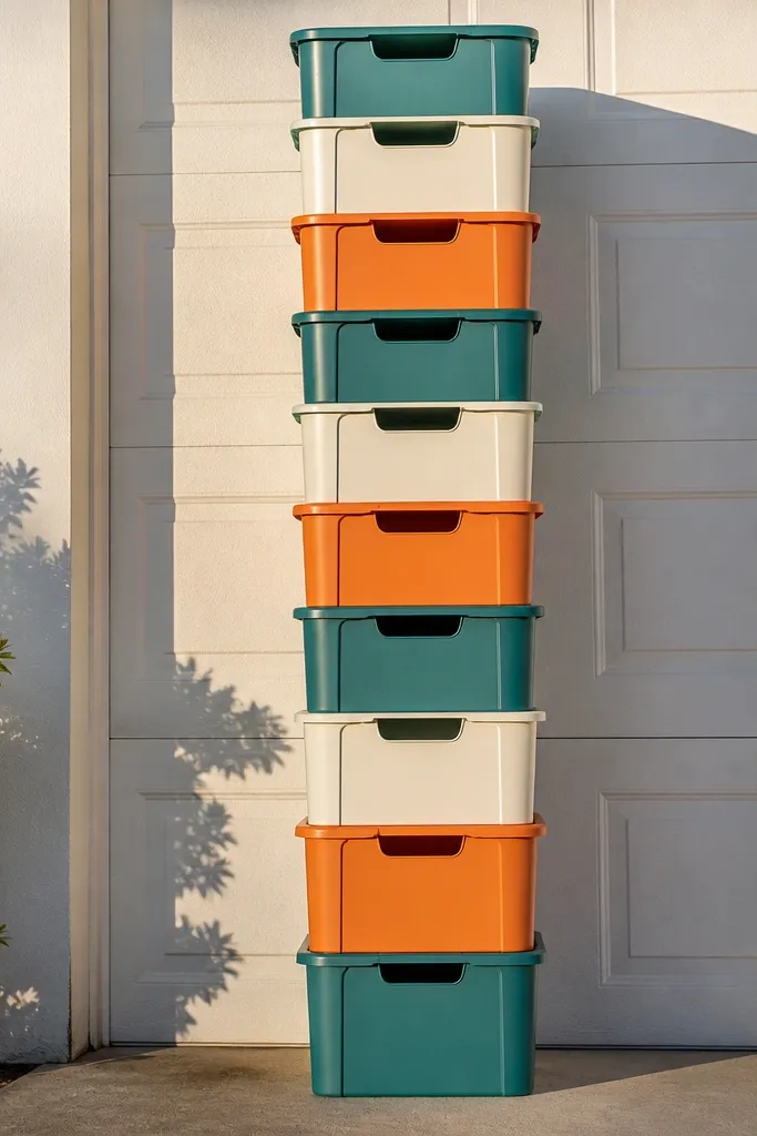 Color-block stackable totes arranged like a ladder with matching labels