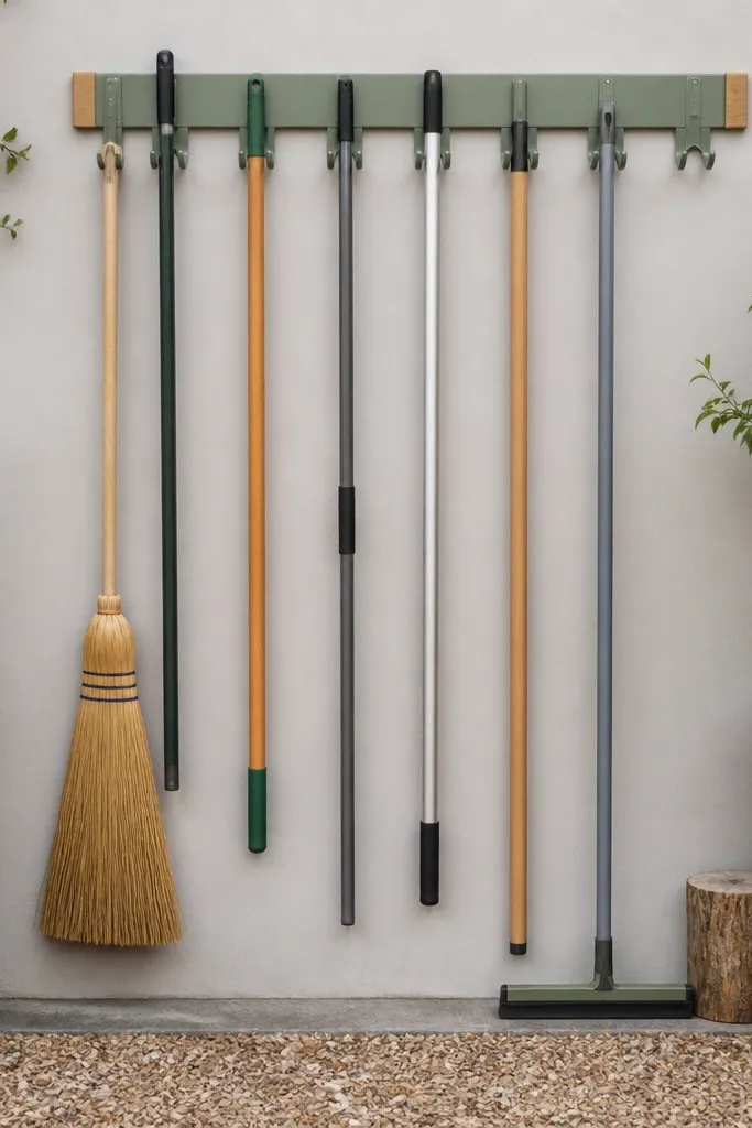 Wall hanging rack holding rakes, brooms, and long tools in matching holders