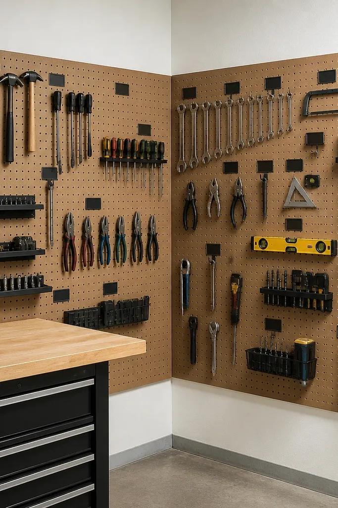 L-shaped pegboard corner with tools arranged neatly on both walls