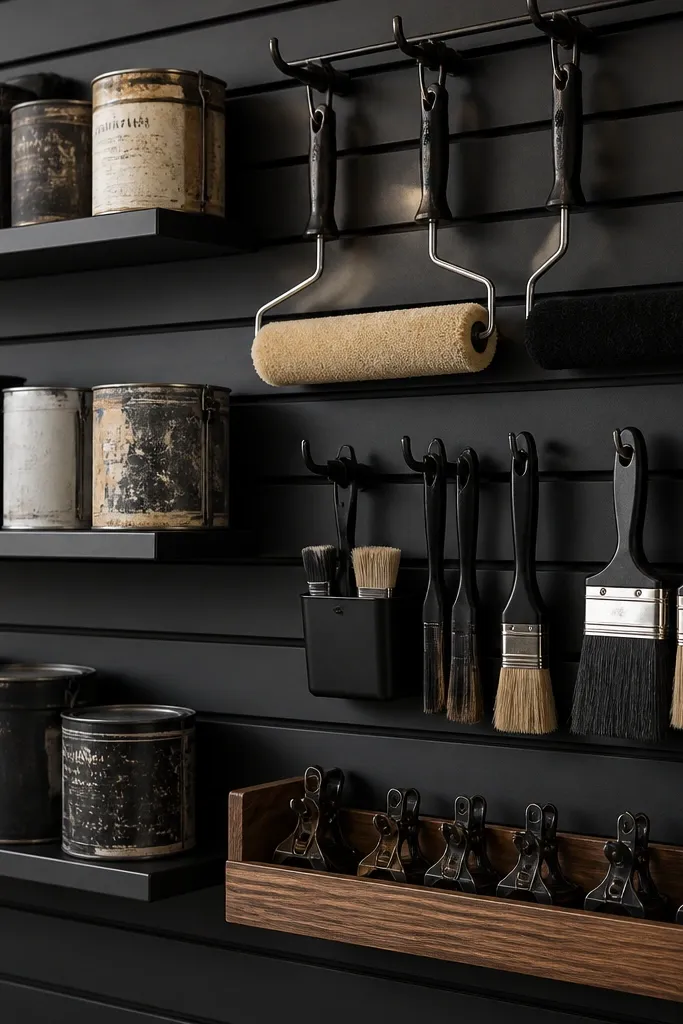 Black slatwall with a small wood shelf holding paint cans and labeled bins