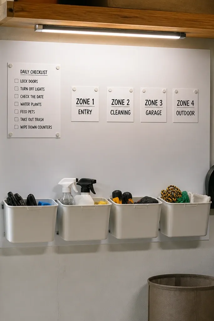 Small whiteboard above labeled bins and spray bottles in a tidy garage station