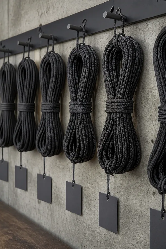 Coiled extension cords on hooks with a rope-themed color scheme and labels