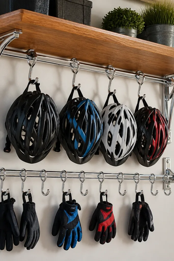 Wood shelf with chrome hooks holding helmets and gloves with matching labels