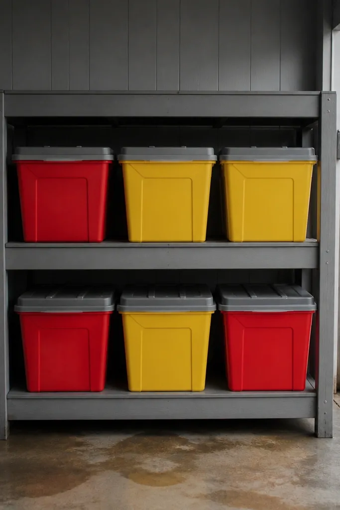 Lidded chemical bins on a shelf with colored label alerts and safety signage