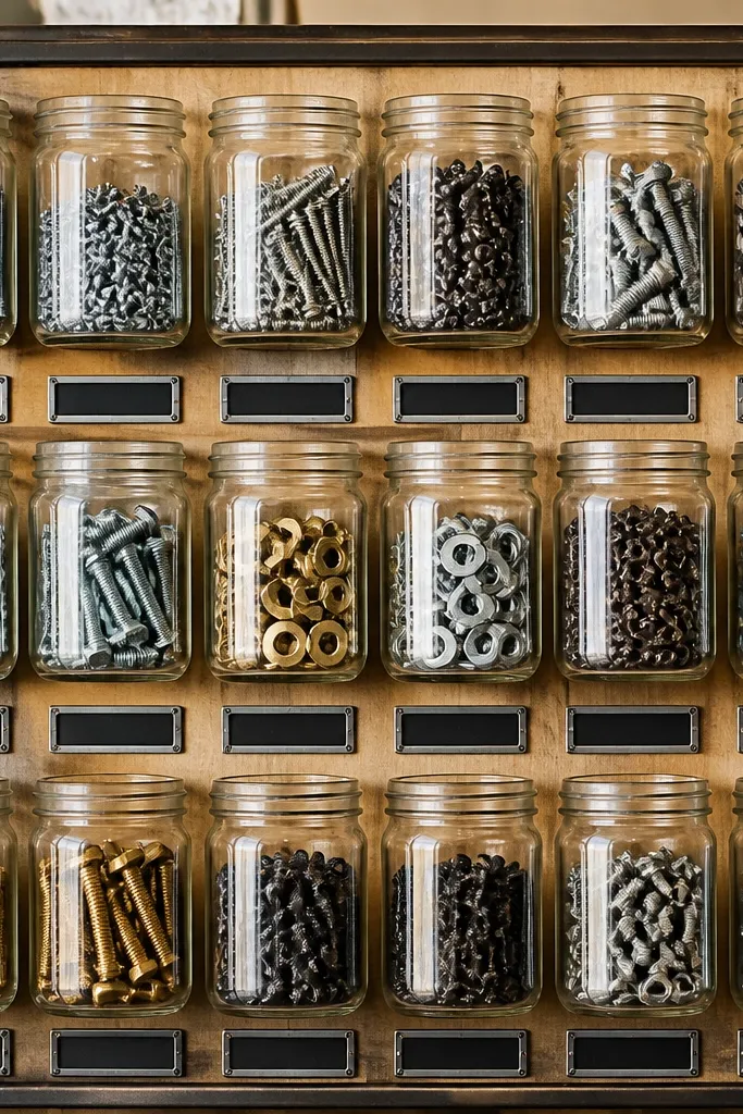Small jars in a lined-up grid with deli-style labels for hardware