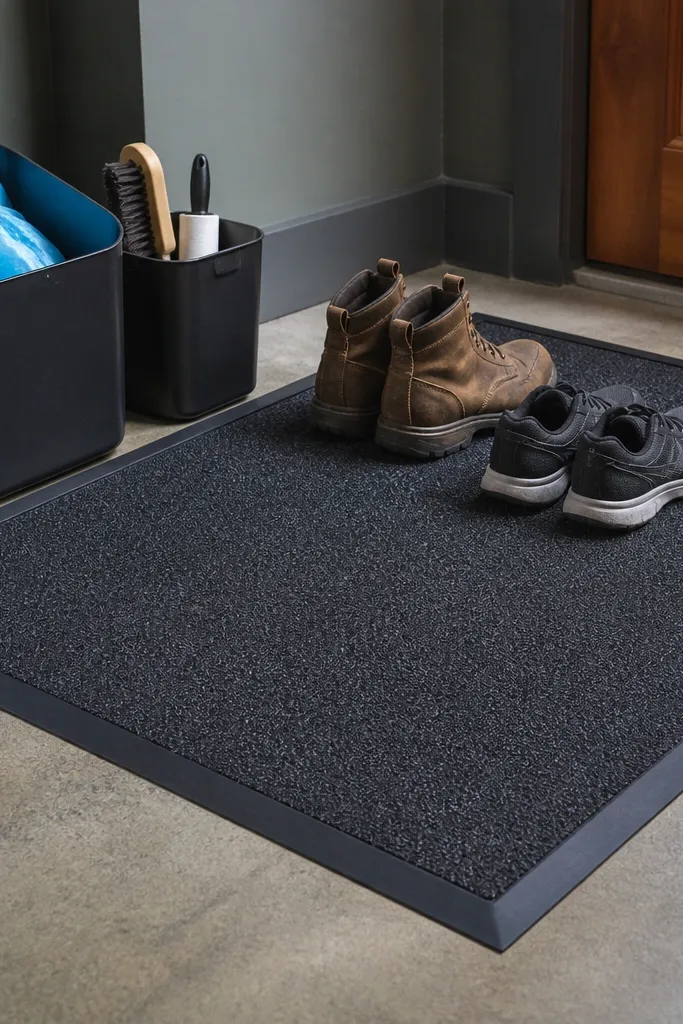 Floor landing zone with a dark mat and matching bins for boots and shoe tools