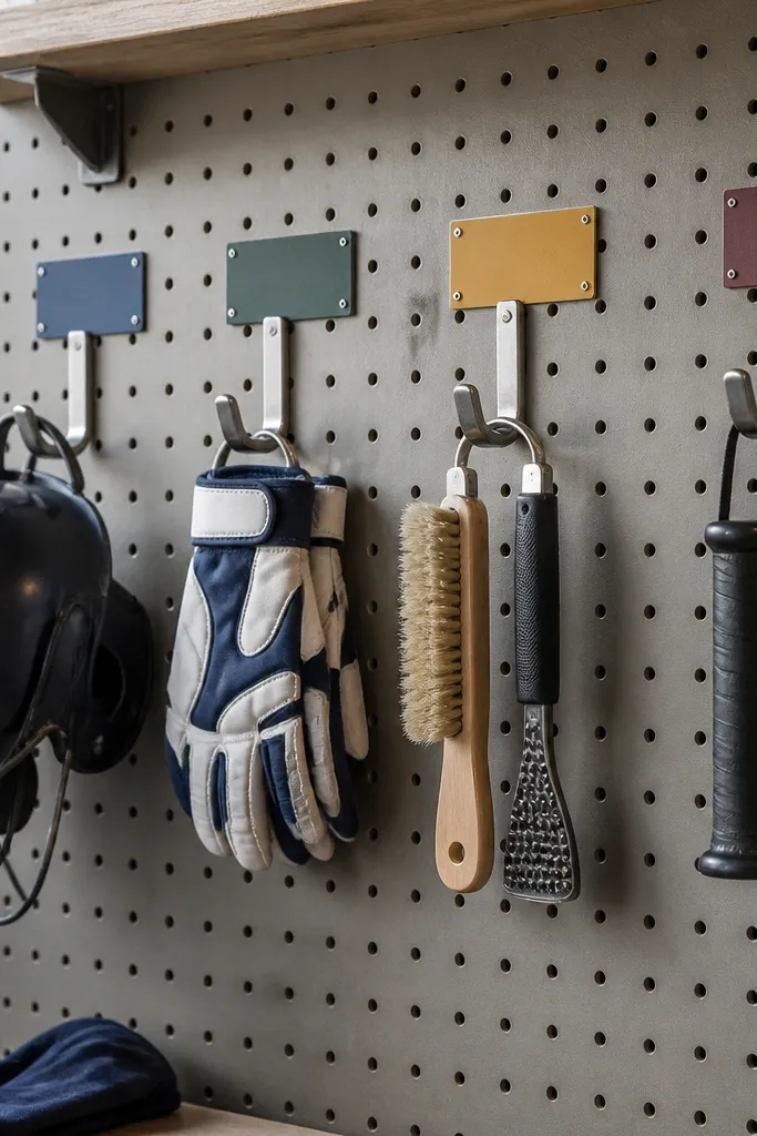 Sports gear hung on peg hooks with matching labels and a clean organized spacing
