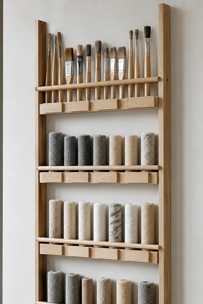 Vertical ladder-style shelf holding paint rollers and sticks with matching labels