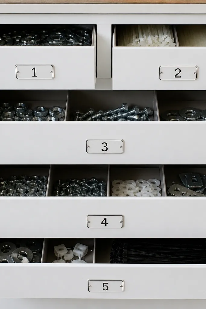 All-white drawer unit with numbered compartments for garage small parts