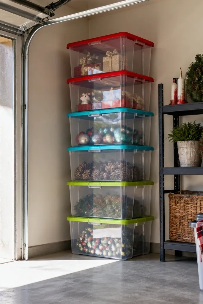 Clear bins stacked in a column with colored caps and front labels