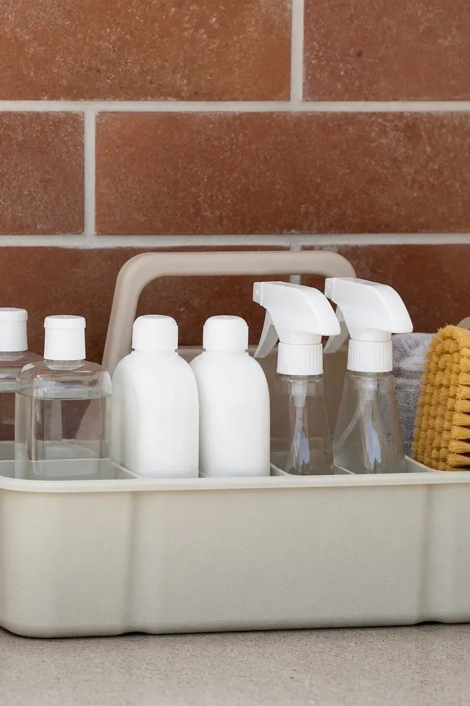 Brick-pattern backing board with a caddy holding cleaning bottles and microfiber cloths